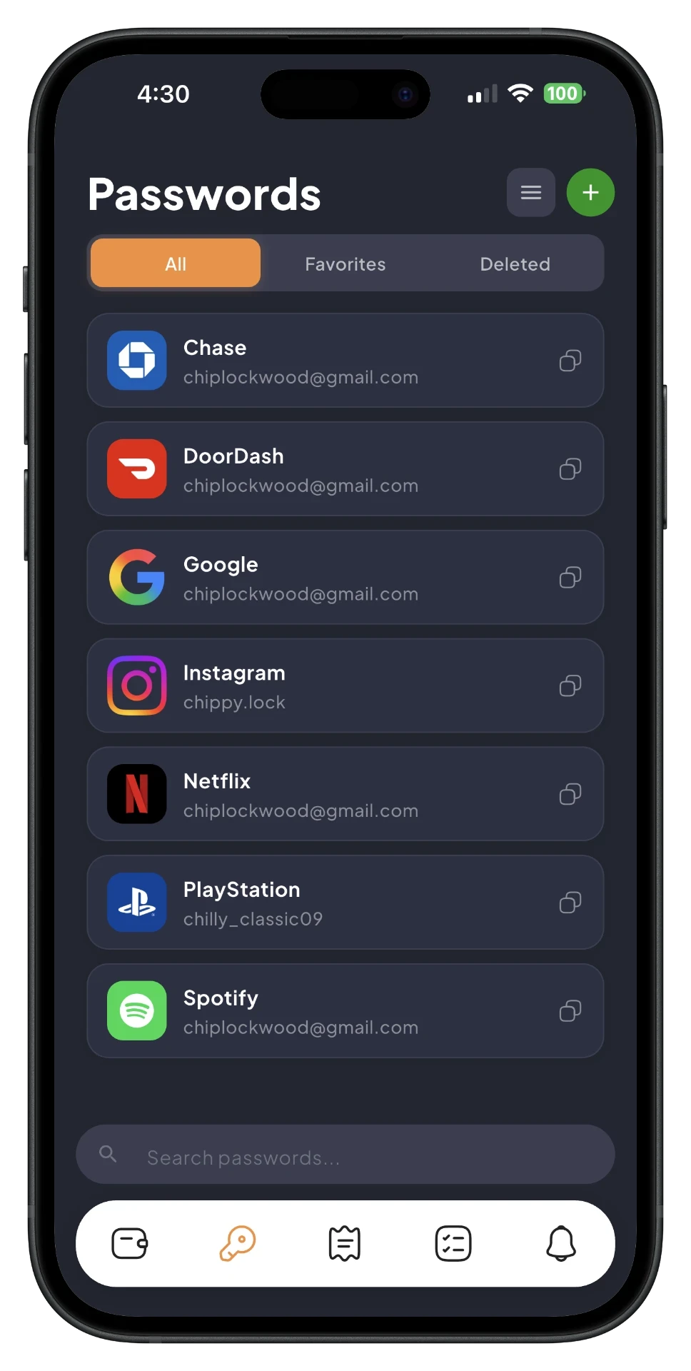 SafePlus passwords screen