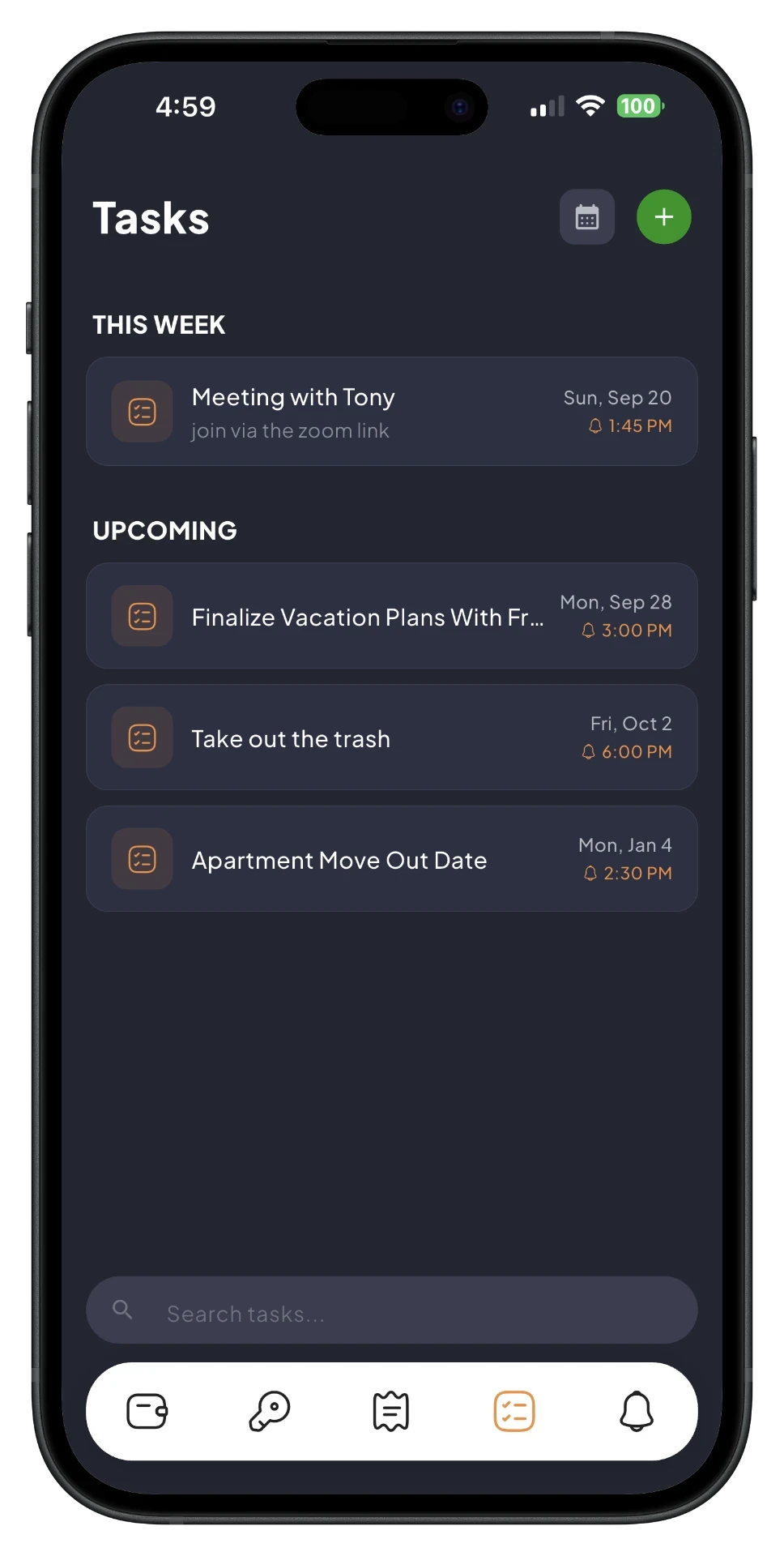 SafePlus tasks screen